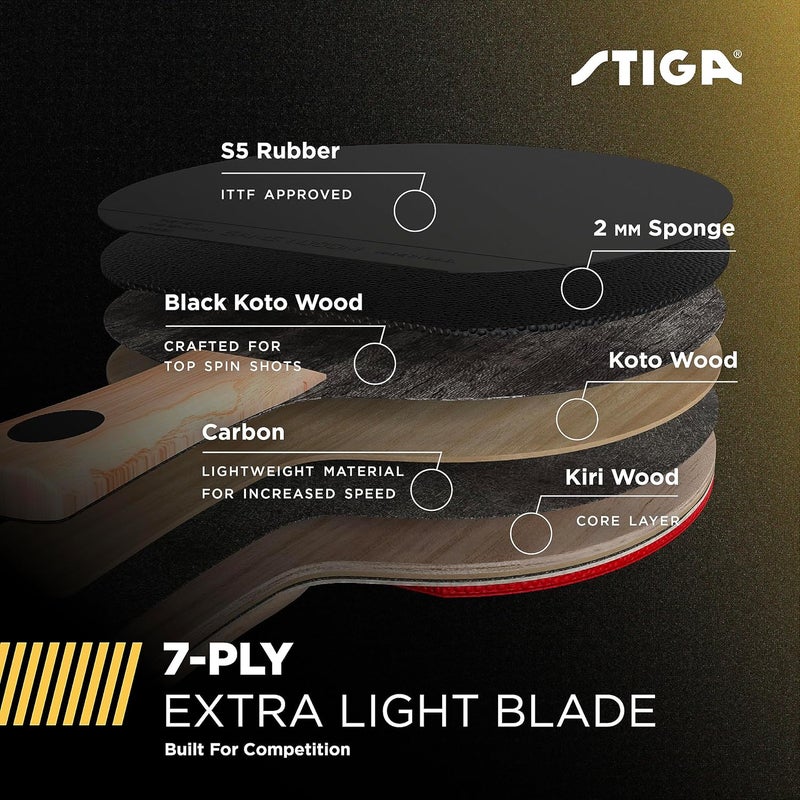 Stiga Carbon+ Bundle Ping Pong Paddle Set – 7-ply Extra Light Carbon Fiber Blade – 2mm Premium Sponge – Concave Pro Handle – 2 3-Star Tournament Balls – Neoprene Racket Cover – Player Wristband - Image 3